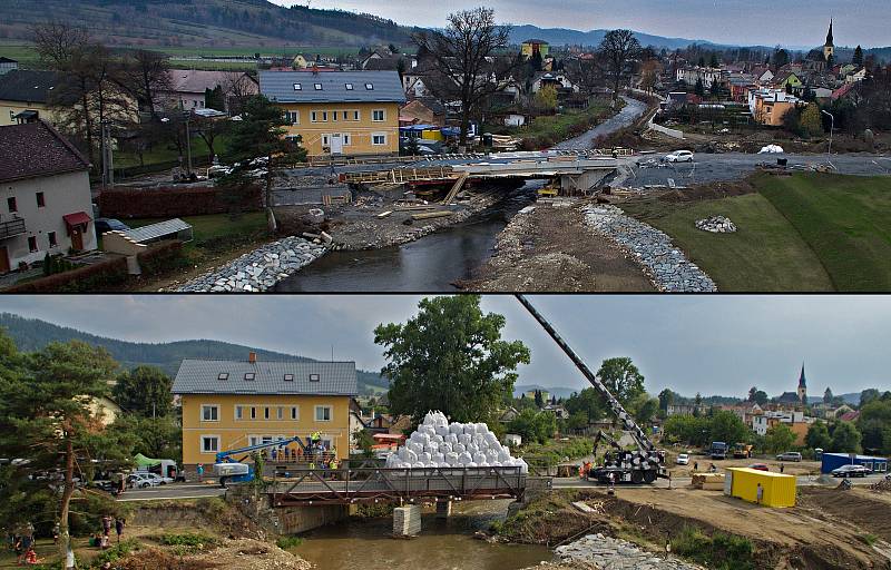 Nový most přes řeku Desnou mezi Petrovem a Rapotínem - srovnávací foto