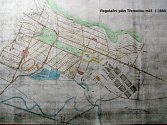 Plán Baťova města u Šumperka: hnědá linka napříč plánem je silnice z Králce na Třemešek