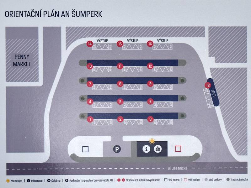 Orientační plán autobusového nádraží Šumperk.