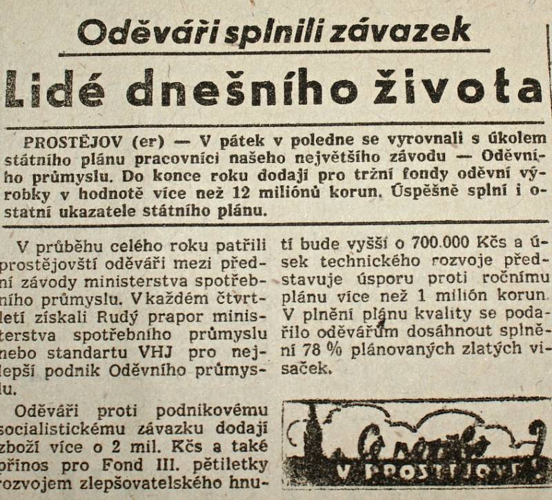 Výstřižek z vánočního vydání prostějovské Stráže lidu z roku 1961