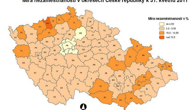 Nezaměstnanost v ČR podle okresů - květen 2011