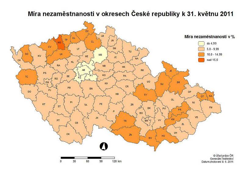 Nezaměstnanost v ČR podle okresů - květen 2011