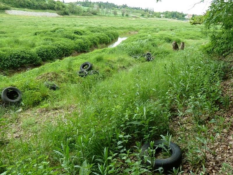 Vyhozené pneumatiky na dně plumlovské přehrady