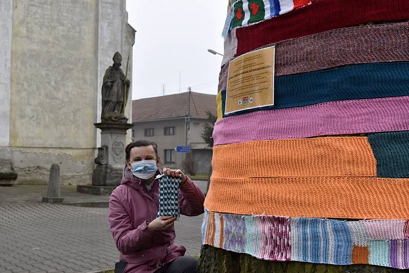 Občané Vrchoslavic si zpestřili smutný koronavirový stav a upletli svému jasanu téměř padesátimetrovou šálu.