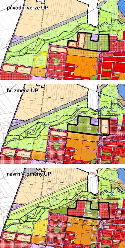 Návrh V. změny územního plánu města Prostějova týkající se pozemků za nemocnicí a srovnání se stavem předcházejícím