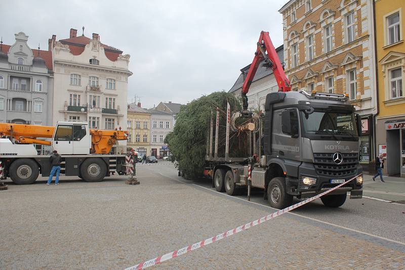 Vánoční smrk z Vrahovic už je na náměstí T. G. Masaryka. A čeká na ozdoby.