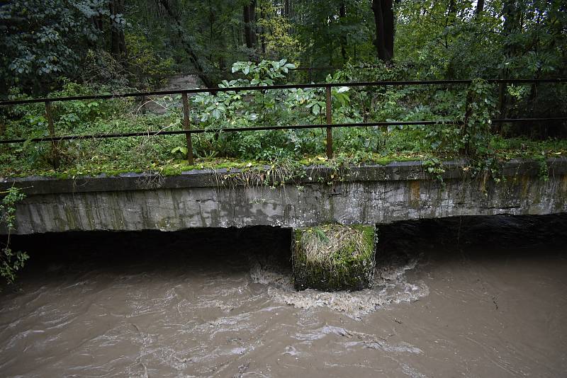 Říčka Romže ve II. povodňovém stupni za Kostelcem na Hané. 14.10. 2020