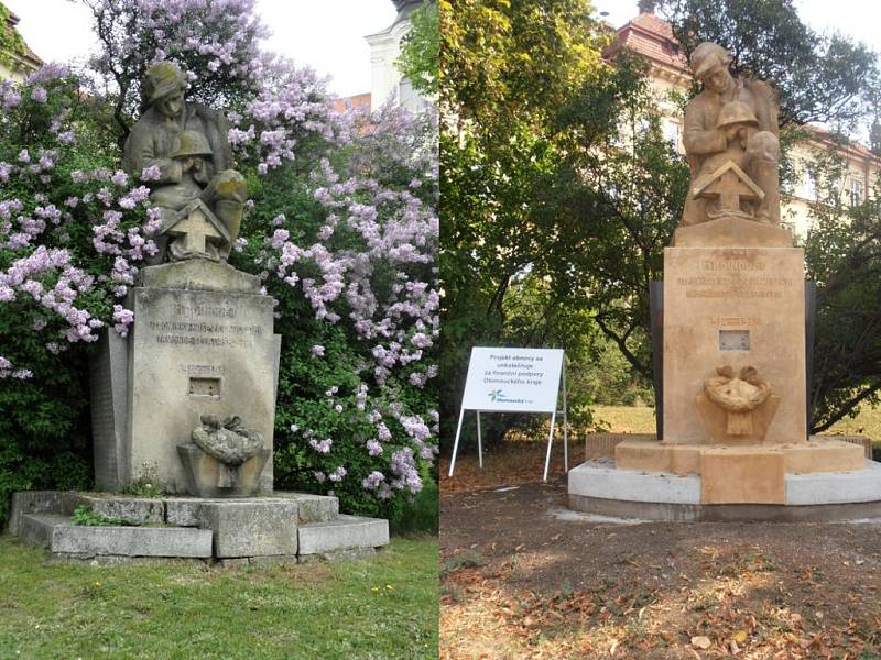 Pomník padlých hrdinů 1. svěrové války v Kostelci na Hané, před a po opravě
