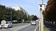 Prostějovské řidiče hlídají od začátku září tři měřící zařízení. Instalovány jsou v Brněnské, Dolní a Olomoucké ulici. Měřič v ulici Dolní.  22.9. 2021