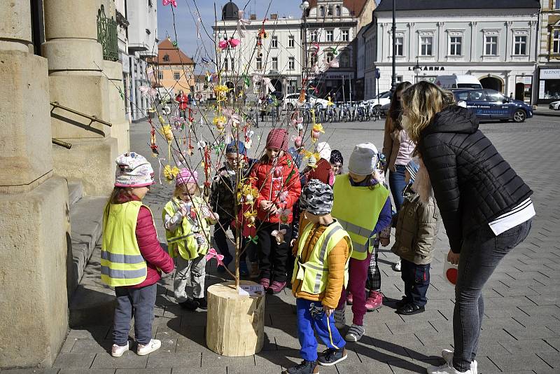 Třináct nazdobených stromečků připomíná před prostějovskou radnicí velikonoční období. 30.3. 2021