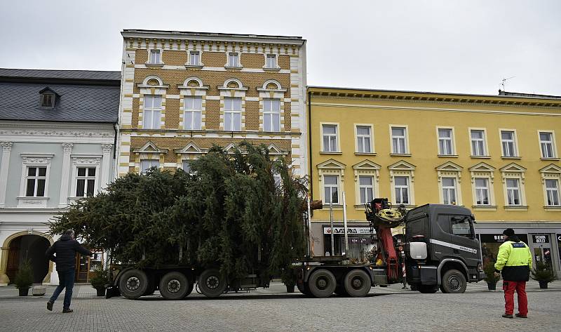 Instalace vánočního stromu na prostějovské náměstí T. G. Masaryka, pondělí 22.11. 2021