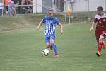 Fotbalisté Prostějova (v modrém) porazili ve 28. kole Velké Meziříčí 2:0 Jan Koudelka (Prostějov)