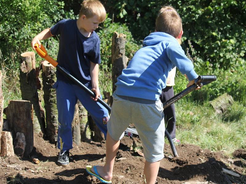 Kolem dvaceti dětí různého věku stavělo broukoviště na Velké Loučce u Hloučely. Podobnou stavbu zatím organizátoři budovali jen ve volné přírodě.