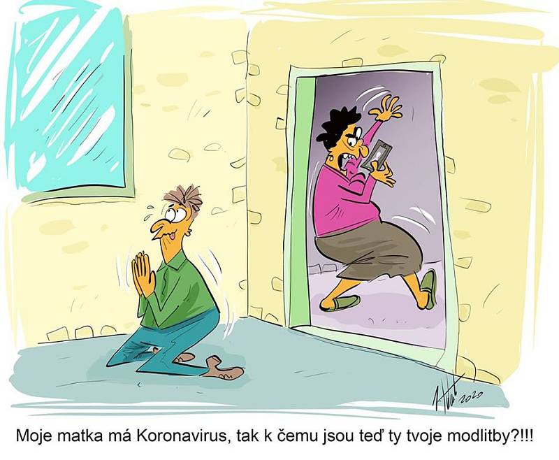Kreslený vtip na "koronavirové" téma od prostějovského humoristy Jana Tatarky