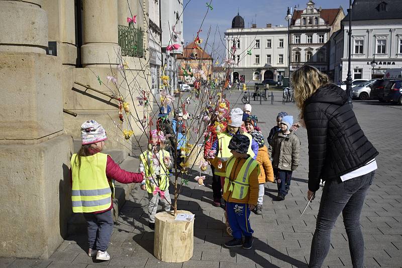 Třináct nazdobených stromečků připomíná před prostějovskou radnicí velikonoční období. 30.3. 2021