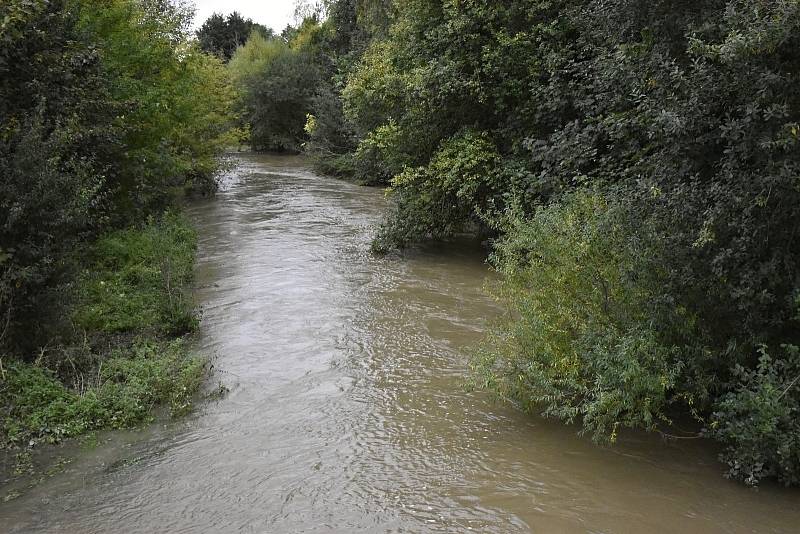 Romže se zvýšeným průtokem u Kralického háje a před Hrubčicemi. 15.10. 2020