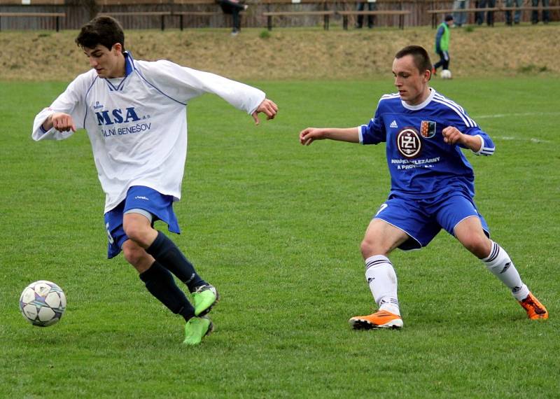 1. FK Prostějov (v modrém) vs. FC MSA Dolní Benešov - Christos Chalkias (vlevo), Zdeněk Fládr.