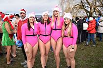 Jubilejní 40. ročník Vánoční koupele v plumlovské přehradě 2023. Do vody na Pláži u Vrbiček se odvážilo 129 plavců.