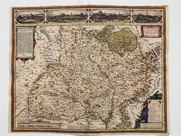 Komenského mapa Moravy (soukromá sbírka) - mapový obsah: Jan Amos Komenský, asi v letech 1621–1623, rytec: Abraham Goos, Amsterodam v letech 1626–1627, nakladatel: Nicolaus Joannes Piscator, Amsterodam v roce 1627