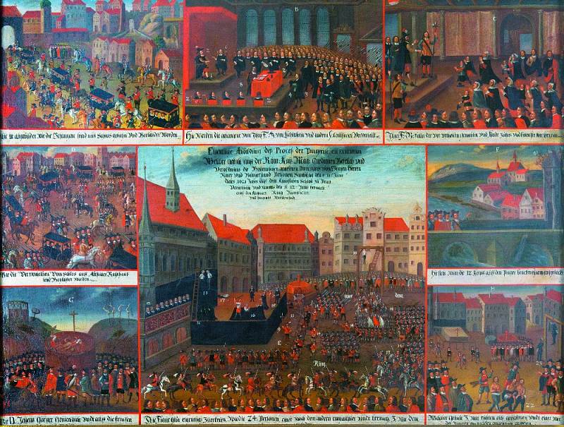 Anonymní malíř - Popravy vůdců českého stavovského povstání na Staroměstském náměstí v Praze dne 21. června 1621 a související výjevy (zámek Rychnov na Kněžnou, soukromá sbírka) – asi v roce 1621 nebo krátce poté, olej na plátně