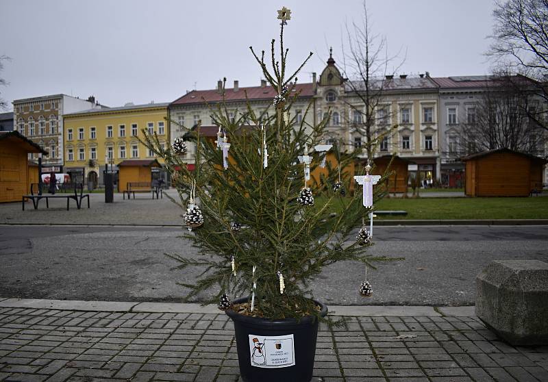 Centrální prostějovské náměstí se halí do vánočního hávu. Ozdobený už je vánoční strom a desítky malých smrčků. 26.11. 2020