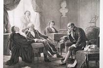 Beethoven sedí u klavíru, zatímco Anton Schindler (stojící v pozadí), Sigmund Anton Steiner Abbé Stadler a Gottfried van Swieten poslouchají pozorně hudbu. Podle obrazu Alberta Gräfle vytiskl Franz Hanfstaengl, Mnichov, cca 1892, heliogravura, 41×52 cm
