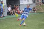 Fotbalisté Prostějova (v modrém) porazili ve 28. kole Velké Meziříčí 2:0 Jan Koudelka (Prostějov)