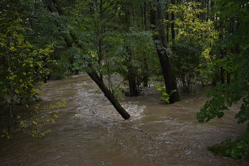 Říčka Romže ve II. povodňovém stupni za Kostelcem na Hané. 14.10. 2020