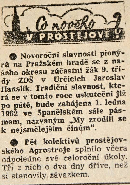 Výstřižek z vánočního vydání prostějovské Stráže lidu z roku 1961