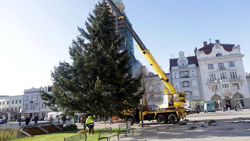 Instalace vánočního stromu na náměstí TGM v Prostějově