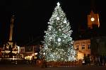 Vánoční strom 2020 na náměstí Svobody v Mohelnici. Jde o jedli, kterou daroval městu pan Miroslav Smolka z obce Klopina