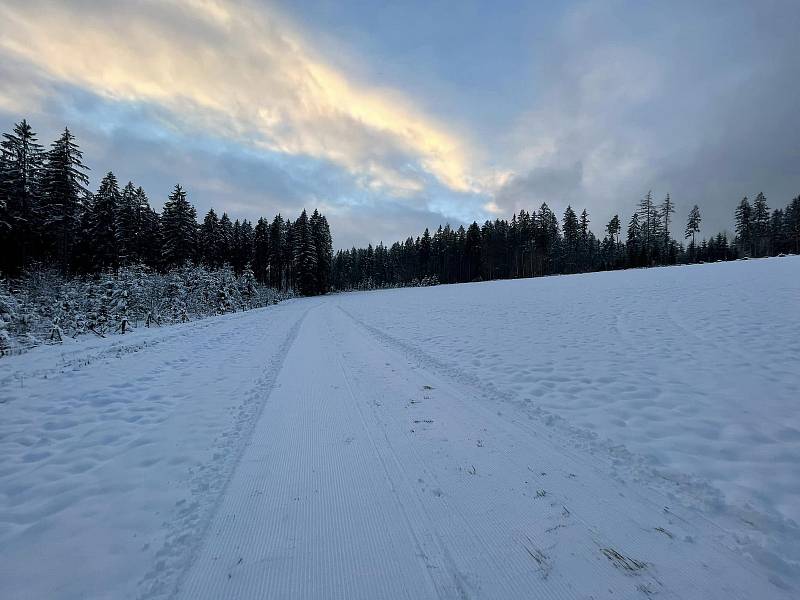 Ve středu 7. prosince odpoledne najeli první stopy na oblíbených Frymburských loukách v délce 17 km. Urovnali tak povrch před očekávaným víkendovým sněžením.