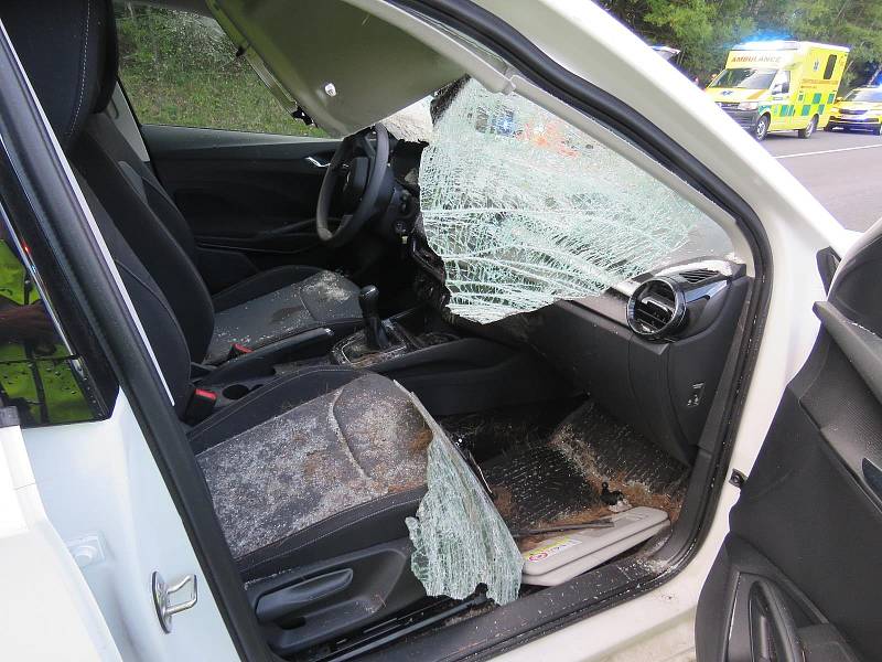 Škoda Fabia po střetu s jelenem na silnici I/39, hlavním tahu z Českého Krumlově k Lipnu.