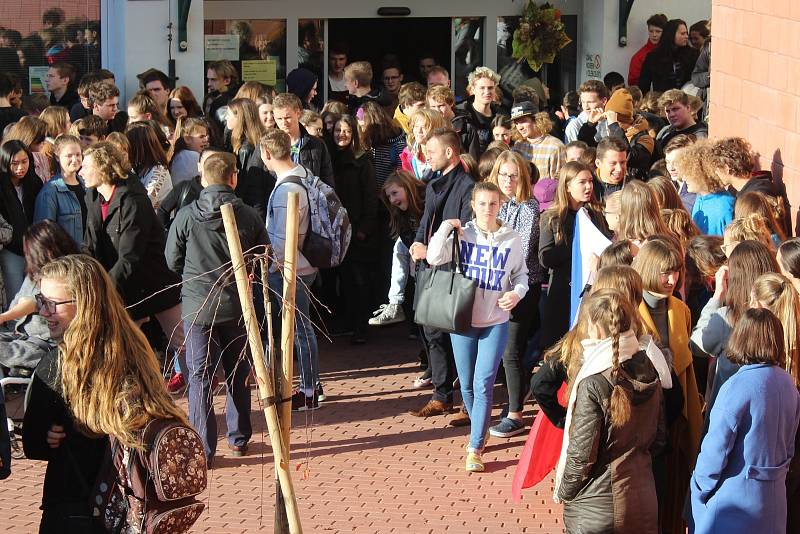 Studenti českokrumlovského gymnázia zasadili před školou lípu na památku 100. výročí zvolení prvního československého prezidenta.