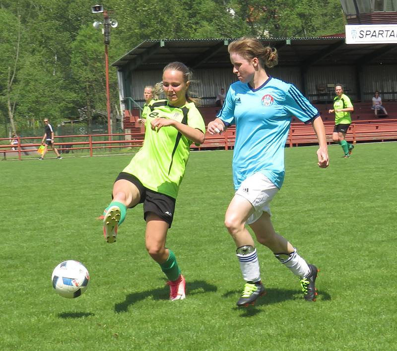 Fotbalová divize žen (skupina D) – 21. kolo: FK Spartak Kaplice (modré dresy) – TJ Hradiště 3:2 (2:1).