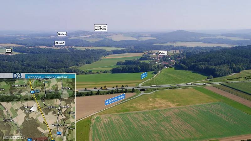 Vizualizace nového úseku dálnice D3 Třebonín - Kaplice-nádraží. Bude měřit 8 538 metrů a bude na něm dvanáct mostů. Na snímku D3 u Zubčické Lhotky.