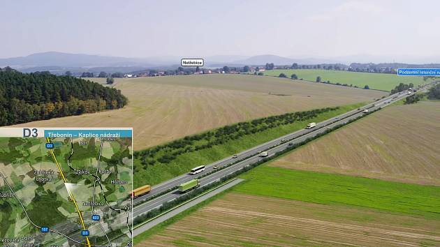 Vizualizace nového úseku dálnice D3 Třebonín - Kaplice-nádraží. Bude měřit 8 538 metrů a bude na něm dvanáct mostů. Na snímku D3 před Netřebicemi.