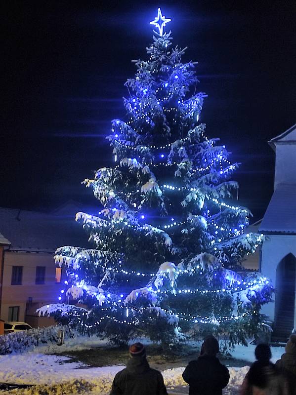 Vánoční strom před kostelem v Hořicích na Šumavě.