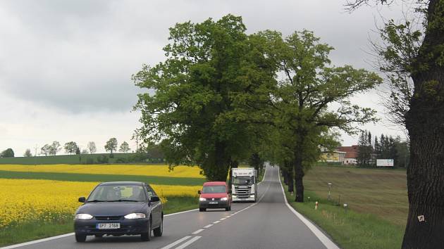 Silnice E55 v úseku za Netřebicemi v jarním období.