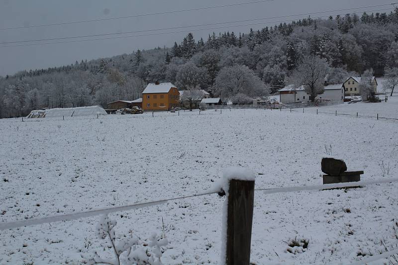 Na Nové Hospodě v sedle mezi Brlohem a Chvalšinami také leží sníh. Před desátou dopolední tam byl 1° C.