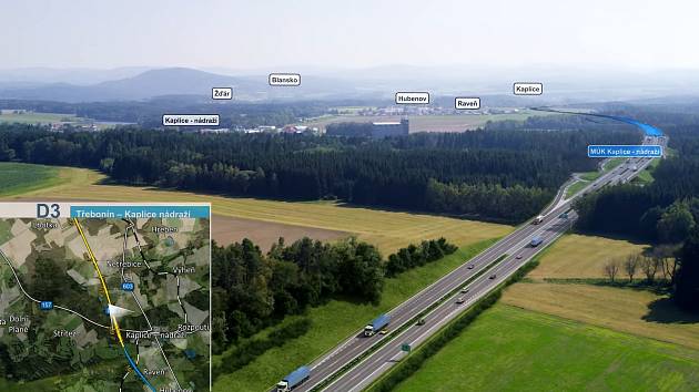 Vizualizace nového úseku dálnice D3 Třebonín - Kaplice-nádraží. Bude měřit 8 538 metrů a bude na něm dvanáct mostů. Na snímku příjezd k mimoúrovňové křižovatce Kaplice-nádraží od Třebonína.