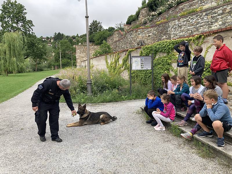 Ukázka práce a vybavení krumlovské policie na městském táboře DDM.