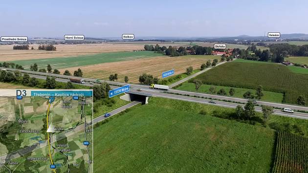 Vizualizace nového úseku dálnice D3 Třebonín - Kaplice-nádraží. Bude měřit 8 538 metrů a bude na něm dvanáct mostů. Na snímku D3 mezi Skřidly a Mojným.
