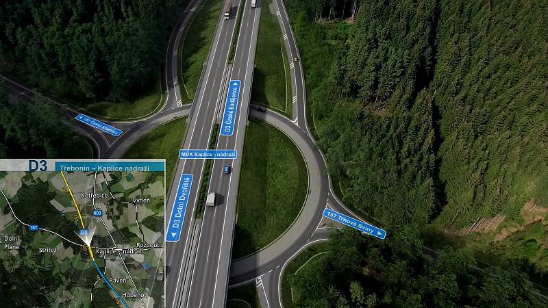 Vizualizace nového úseku dálnice D3 Třebonín - Kaplice-nádraží. Bude měřit 8 538 metrů a bude na něm dvanáct mostů. Na snímku mimoúrovňová křižovatka Kaplice-nádraží.