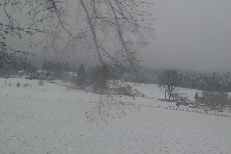 Velká sněhová nadílka v pátek 28. dubna ráno postihla i Podkletí (snímky z Křemže a okolí).