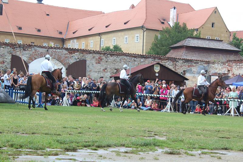 Drezúrní vystoupení s koňmi v Pivovarské zahradě v rámci slavností růže.