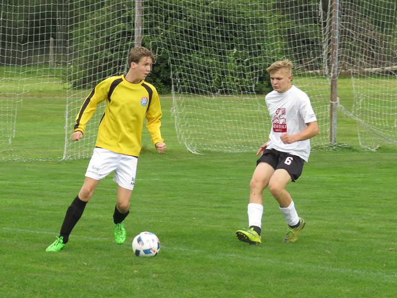 Oblastní I.A třída starších žáků (skupina A) - 3. kolo: FK Spartak Kaplice (žluté dresy) - TJ Centropen Dačice + Třebětice 15:0 (7:0).