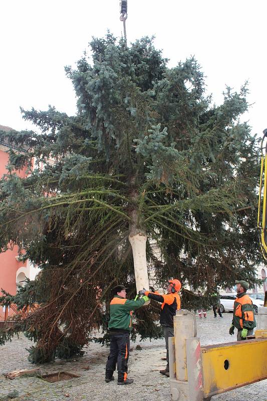 Pokus číslo jedna. Instalace vánočního stromu v pondělí na českokrumlovském náměstí.