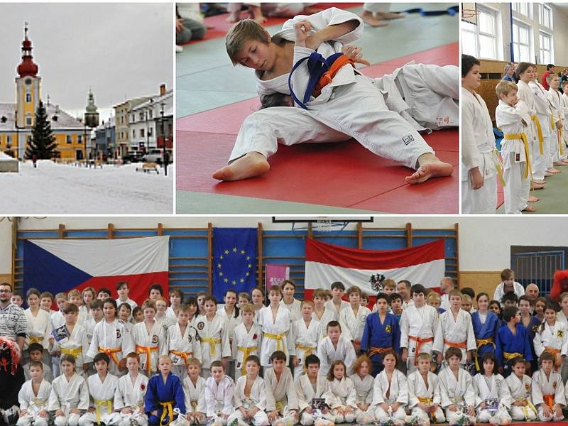 Mezinárodní turnaj Randori Cup na koláži pořádajícího SK. Zleva nahoře poprvé zasněžené náměstí v Kaplici, uprostřed domácí vítěz kategorie do 50 kg Radek Rousek, vpravo nástup závodníků, dole na společném snímku všichni účastníci Poháru dravých ptáků. 