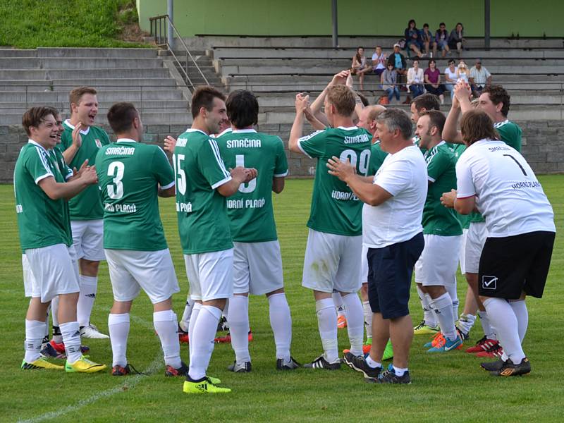 OP muži - 21. kolo: TJ Smrčina Horní Planá (zelené dresy) - Sokol Křemže 2:0 (1:0).